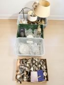 Assorted glass ware, pewter and stainless steel tankards, lamp bases,