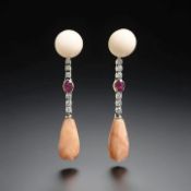 A fine pair of coral, ruby and diamond drop earrings mounted in gold,