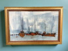 Terrence McArdle (b. 1940- ) Boats in a harbour, oil on board, 32 cm x 53 cm.
