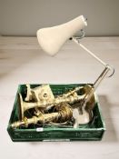 An angle poised lamp, a pair of brass lamp bases, a large candle stand, lantern, etc.