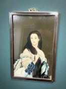 A Chinese reverse painting on glass depicting a female figure in flowing dress, 35 cm x 52 cm.