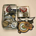 A quantity of military cloth insignia and various badges, cap badges, including RAF.