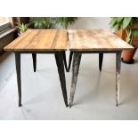 A pair of pine topped tables on enamelled metal legs each 80 cm x 60 cm x 78 cm