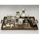 An inlaid mahogany twin handled tray, together with a group of EPNS vases, cutlery,