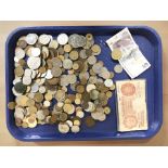 A quantity of 20th century world coins, British ten shilling note, a further Turkish bank note, etc.