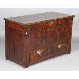 A George III provincial oak mule chest with fruitwood crossbanded borders, height 72cm, width 120cm,