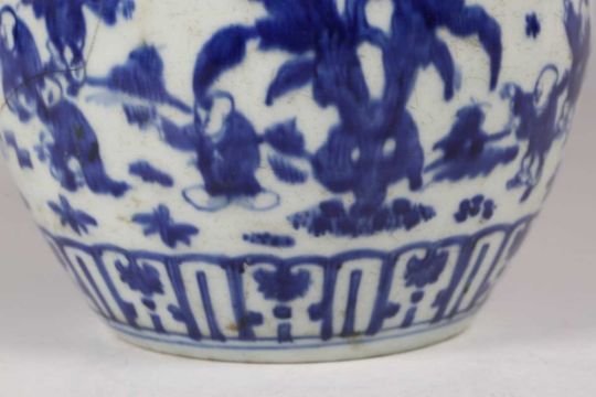 A rare Chinese blue and white porcelain 'boys' jar, mark and period of Jiajing, of stout ovoid - Image 26 of 46