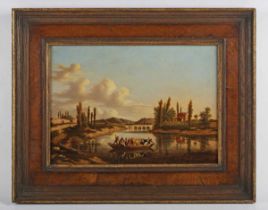 Italian School (18th century) - The Ferry: figures and cattle crossing a river, a bridge beyond, oil