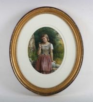George Goodwin Kilburne (British 1839-1924) - 'A Village Maiden', watercolour, oval, inscribed to