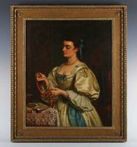 Circle of John Phillip (British 1817-1867) - The Pendant: lady examining jewellery at her dressing