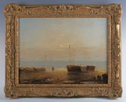 British School (19th century) - Beach scene with figures and beached boats, oil on canvas, 46cm x