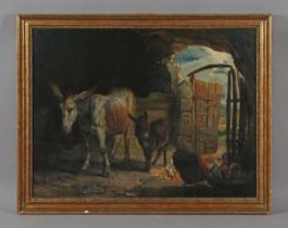 Circle of George Morland (British 1763-1804) - Donkeys and poultry in a stable interior, oil on