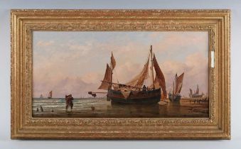 Richard Henry Nibbs (British c.1816-1893) - Beach scene with fishermen and beached boats, oil on