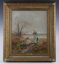 Ferdinand Labruyere (French 19th century) - Two Breton women in traditional dress in a riverside