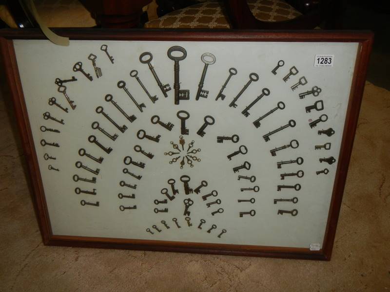 A framed and glazed collection of antique keys.