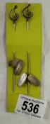 A pair of Charles Horner sterling silver hat pins & A pair of 9ct on silver art deco cuff links