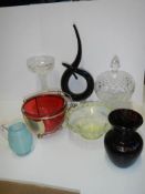 A mixed lot of glass ware including cranberry sugar bowl, modern sculpture etc.,