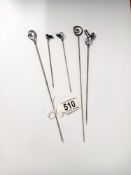 Three long and two shorter Samson Morden hat pins.