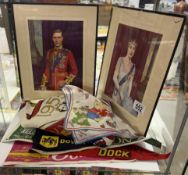 2 Framed pictures of The Queen Mother & King George, A handkerchief by Mabel Lucie Atwell.
