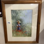 An original John Horsewell oil on board painting of a girl standing amongst poppies.