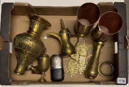 A box of mixed brassware including copper vases, Indian brassware & vintage hip flask
