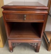 A dark wood stained pot/plant stand with oriental influences