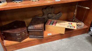 2 Wood boxes (One with brass fittings), Boxed blocks & a small skittle game