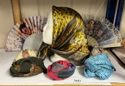 A quantity of silk scarves etc & 2 fans