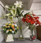 3 Vases with artificial flowers