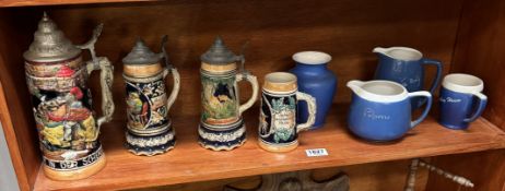 4 Blue & white souvenir items (Jugs, Vase etc) & 2 German lidded steins