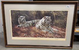 A framed & glazed Limited Edition print of a pair of tigers in a jungle scene. Titled White Tigers -