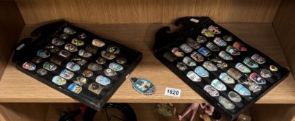A collection of walking stick tourist shields on 2 boards