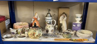 A mixed lot including music box, cherub candlesticks, Wedgwood, Chinese vase etc