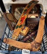 A tray of wooden items including Aboriginal boomerang etc