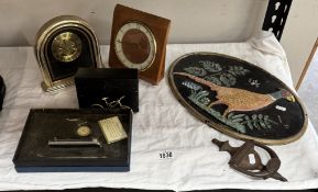 A novelty gilt metal bicycle, quartz clock, door knocker etc