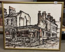 A framed oil on board impressionistic street corner scene (Another scene on reverse)