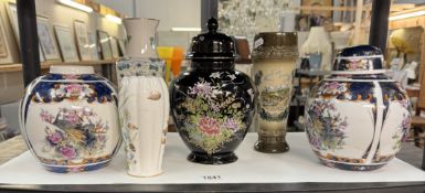 A pair of Chinese ginger jars (1 Missing lid) & other vases including Aynsley