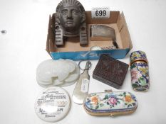 A mixed lot of interesting items including scarab carving, patch box etc.,