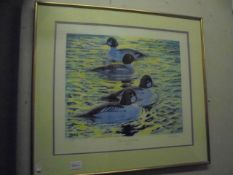 A framed and glazed print entitled 'Golden Eyes on Golden Water' by Peter Smith, 69 x 63 cm.
