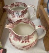 2 pink and white willow pattern jugs by Enoch Woods