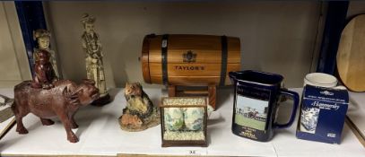 A Taylors sherry/brass barrel, Chinese figures, Martell water jug etc