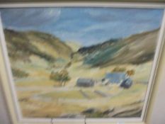 An oil on board painting of a farm in a valley.