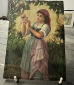 A small oil on board painting of a grape picker, signed but indistinct