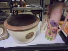 A pair of pink floral Radford cylindrical jugs (1 a/f), a Staffordshire figure and a large Planter.