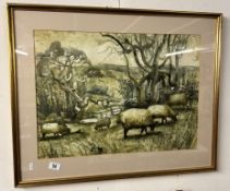 A large watercolour of farm animals on a hill side