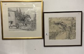 2 black and white prints of cottages