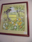 A framed & glazed rural print - Flower Fields, butterflies, church etc