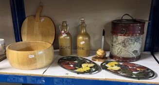 A mixed lot including cast iron plate/saucepan stands, wooden fruit bowl etc