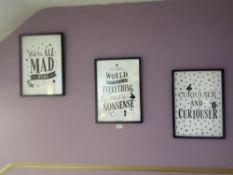 Three framed and glazed Alice in Wonderland-related pictures, including 'We're All Mad Here' and '