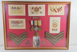 WWI trio: 1914-15 star, BWM and Victory medals to Spr. J MITCHELL R.E. later A-Sgt, displayed in a